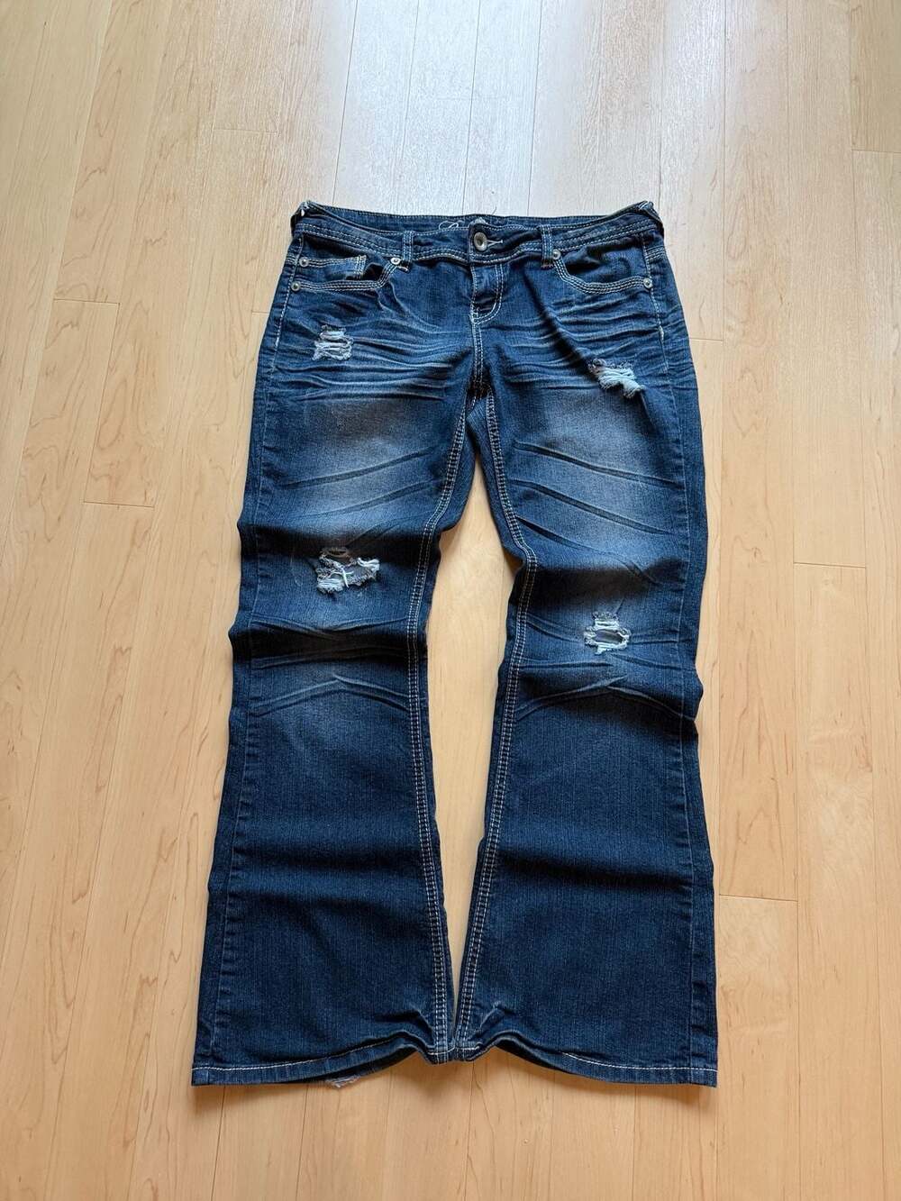 Premiere Distressed Bootcut Jeans with Rhinestone Pockets